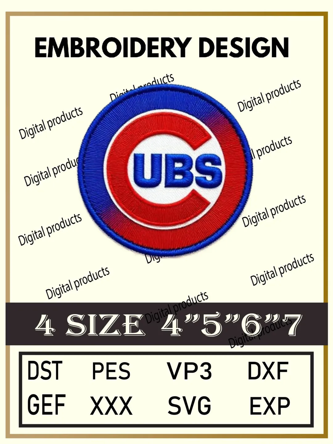 Chicago Cubs Embroidery Design Digital Logo Pattern with Iconic Red C and Blue Lettering for Machine Embroidery Projects in Four Sizes with Multiple Compatible Formats Including DST, PES, VP3, DXF, GEF, XXX, SVG, EXP