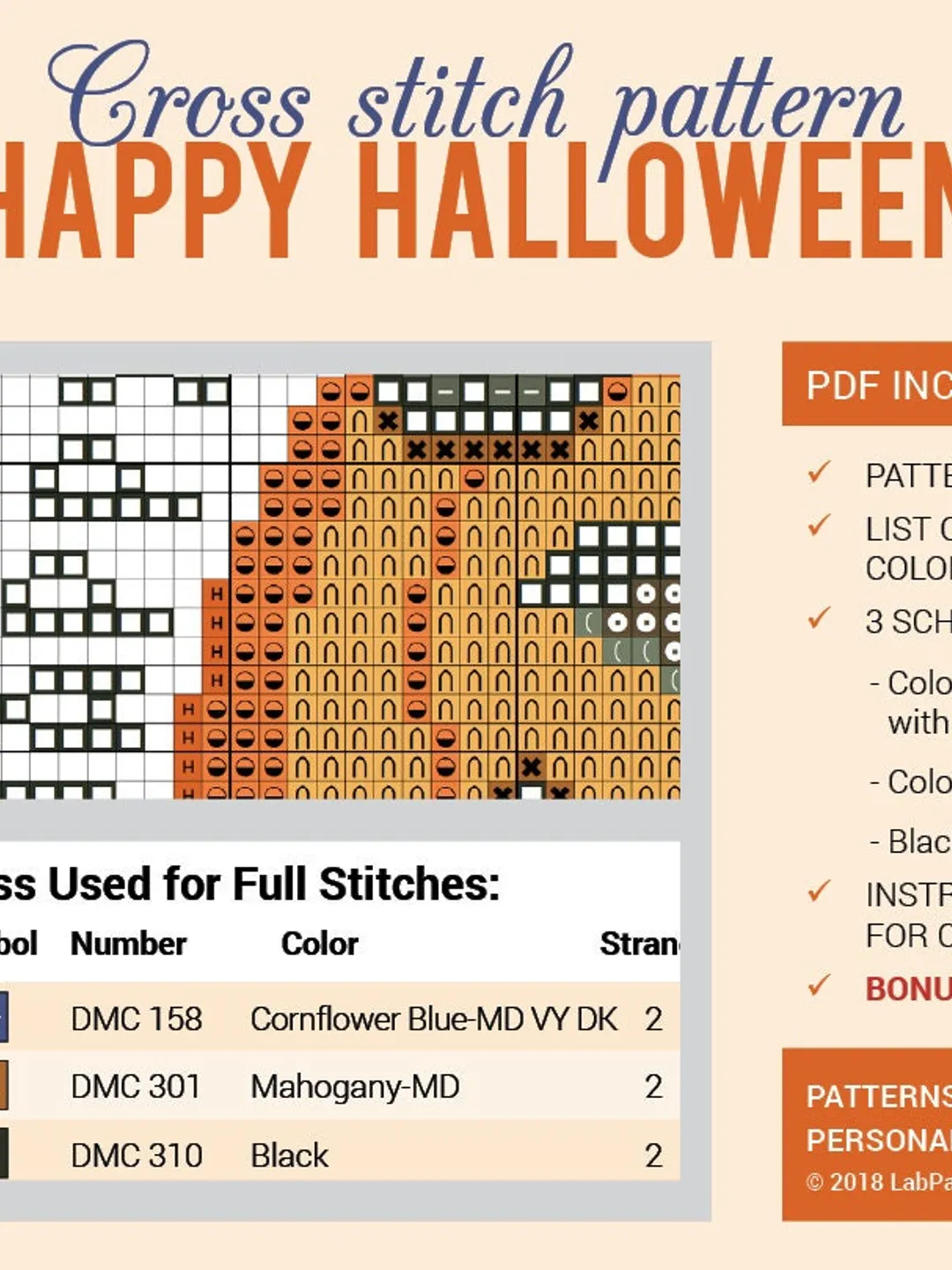Happy Halloween Cat Pumpkin Witch Hat Cross stitch pattern Embroidery ...