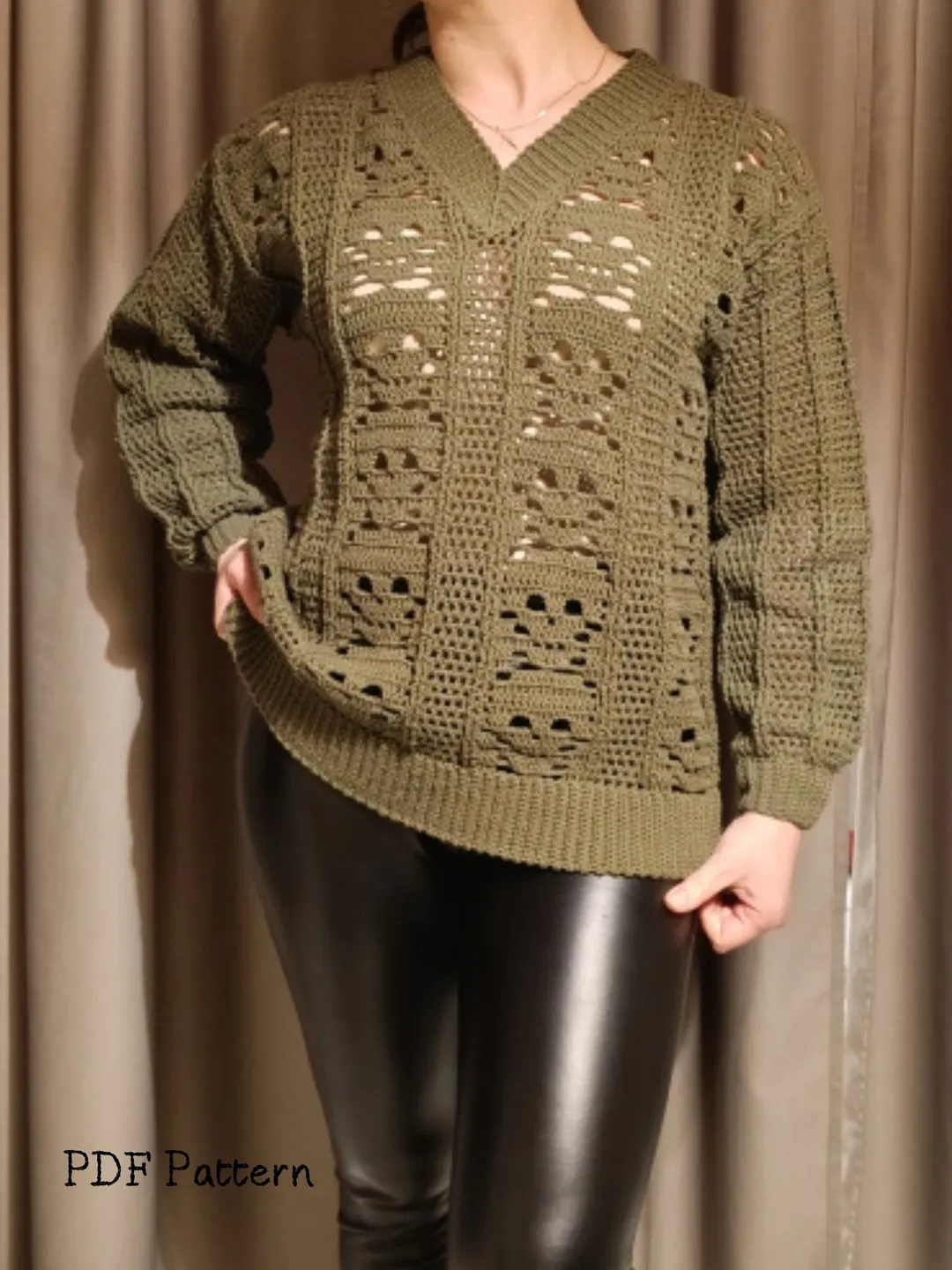 Crochet skull sweater, PDF Pattern skull, Loose crochet jumper, Crochet pattern grenn cotton cardigan