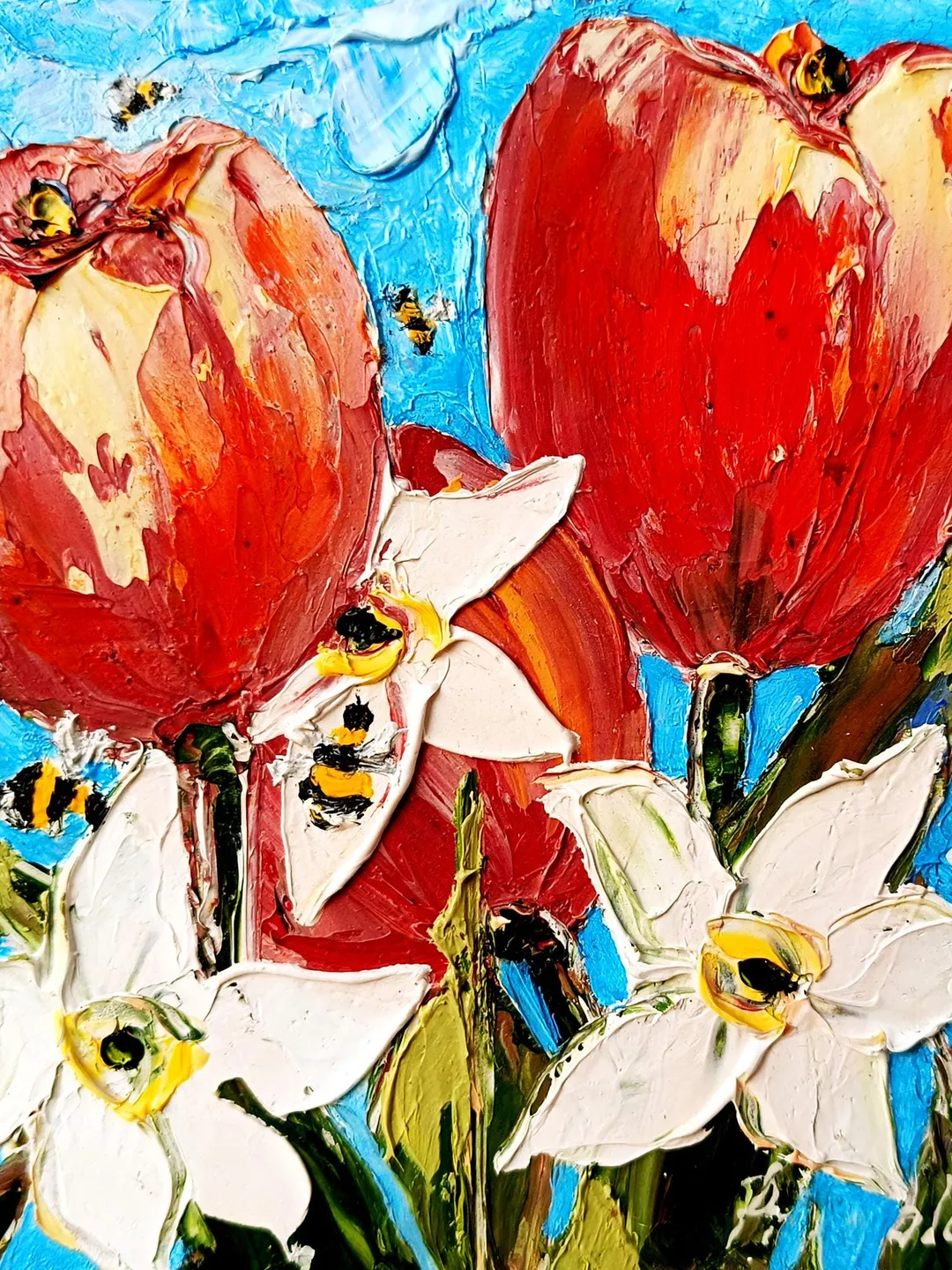 Daffodils Painting Tulip Honeybee Original Art Flowers Impasto Artwork Oil Meadow Wall Art 6x6 by ArtProkopaloSv