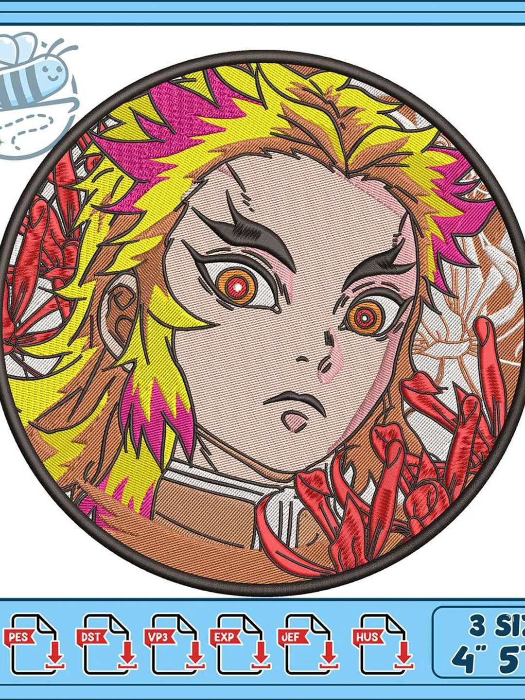 Rengoku Embroidery Design, Demon Slayer Machine Embroidery File, Anime Circle Patch, Kyojuro Rengoku Instant Download