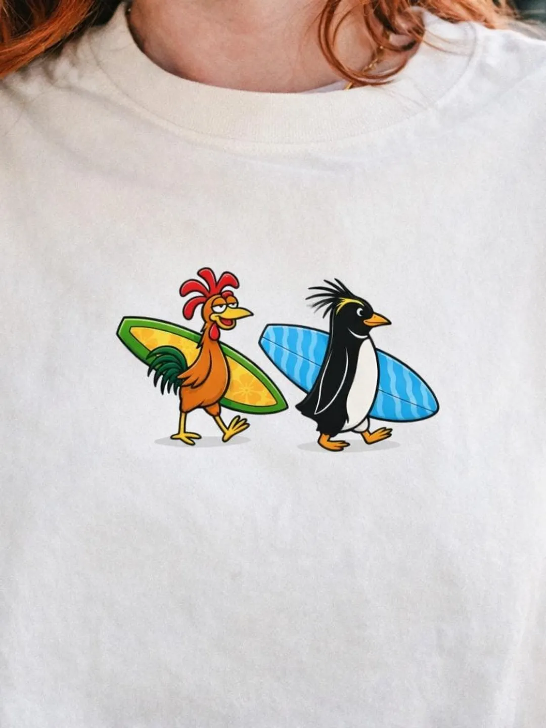 Surfing Chicken Penguin T-Shirt | Funny Animal Surf Beach Tee
