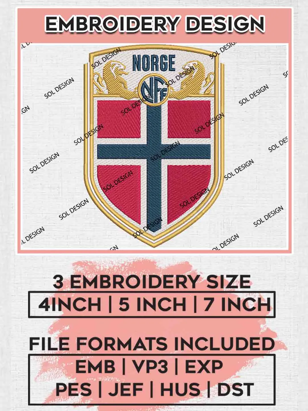 Landslaget Football Team Logo Embroidery Designs, Drillos NFF Logo Embroidery files, Norway National Football Team, Machine embroidery designs, Digital Download