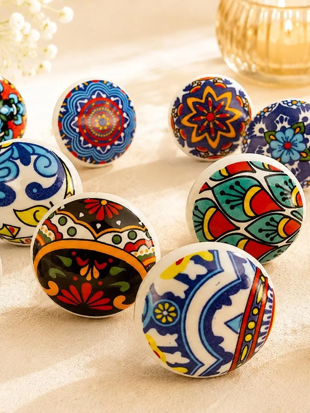Set of 10 Handmade Ceramic Cabinet Knobs Vintage Drawer Pulls Antique Kitchen Cabinet Hardware Colorful Dresser Boho Furniture Decor Home