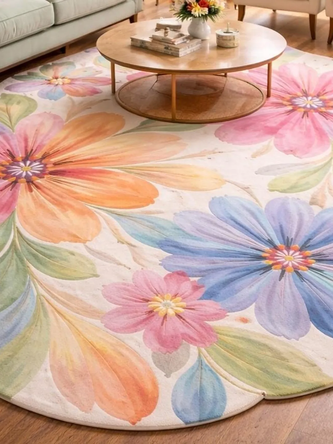 Pastel Floral Round Rug Handmade Tufted Wool Statement Living Room Carpet