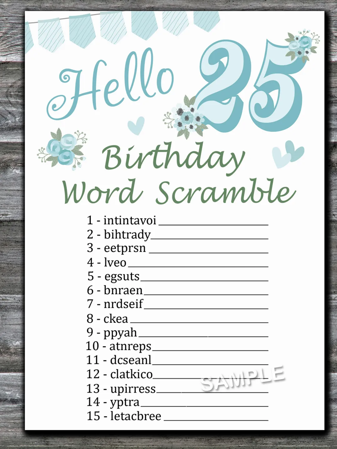 25th Birthday Word Scramble Game,Adult Birthday party game-fun games for her-Instant download