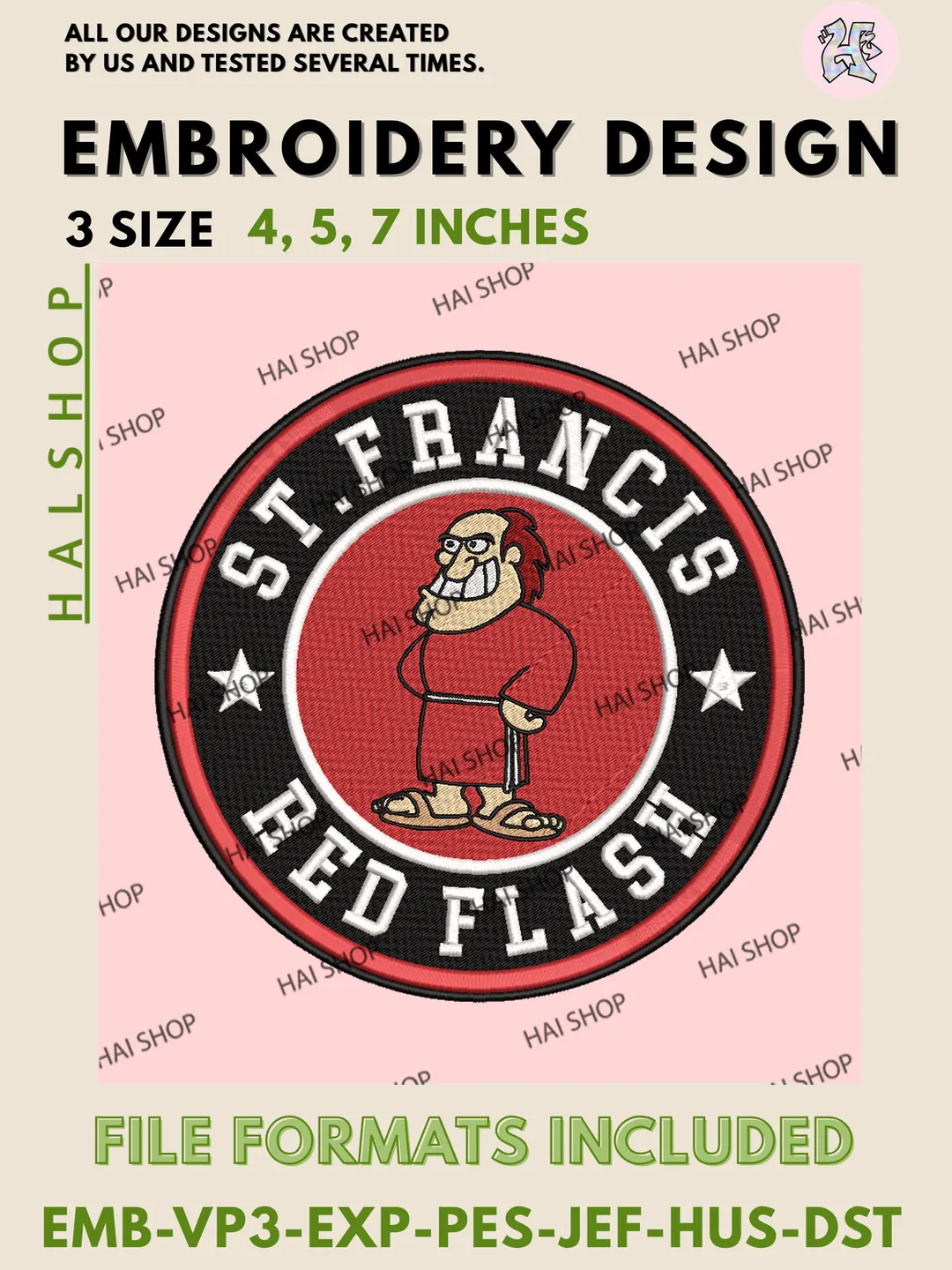 Saint Francis Red Flash Embroidery Design, NCAA Saint Francis Red Flash Logo Machine Embroidery Files, Digital Download