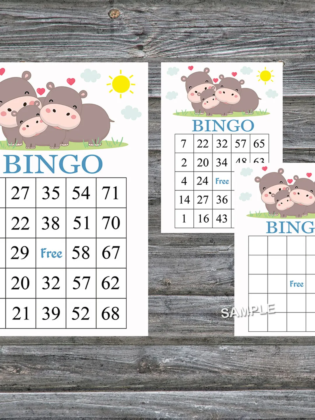 Safari bingo cards,Hippo bingo game,Safari animals printable bingo cards,60 Bingo Cards,INSTANT DOWNLOAD--289