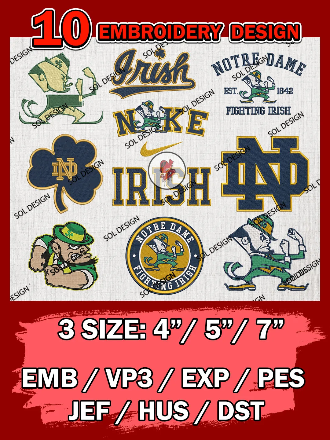 10 NCAA Notre Dame Fighting Irish Bundle Embroidery Files, NCAA Notre Dame Fighting Irish Team Bundle Embroidery Designs, NCAA Teams, National College Football Team 3 sizes, NCAA Notre Dame Machine Embroidery, Digital Download