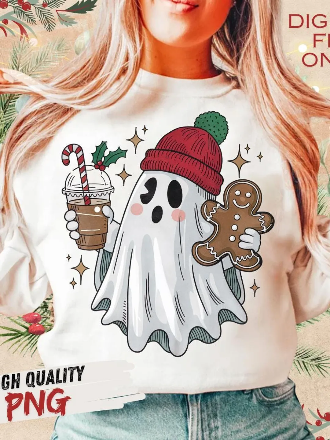 Vintage Christmas Ghost PNG for Retro Coffee Decor & Halloween Fun, Holiday PNG, Boojee Ghost - Spooky Holiday Decor, Christmas Trending Png