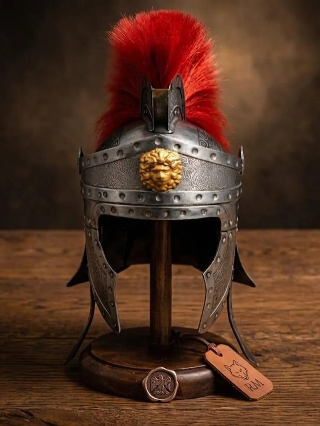 Roman Centurion Helmet – Steel, Red Plume, Gold Medusa Accent – Historical Decor