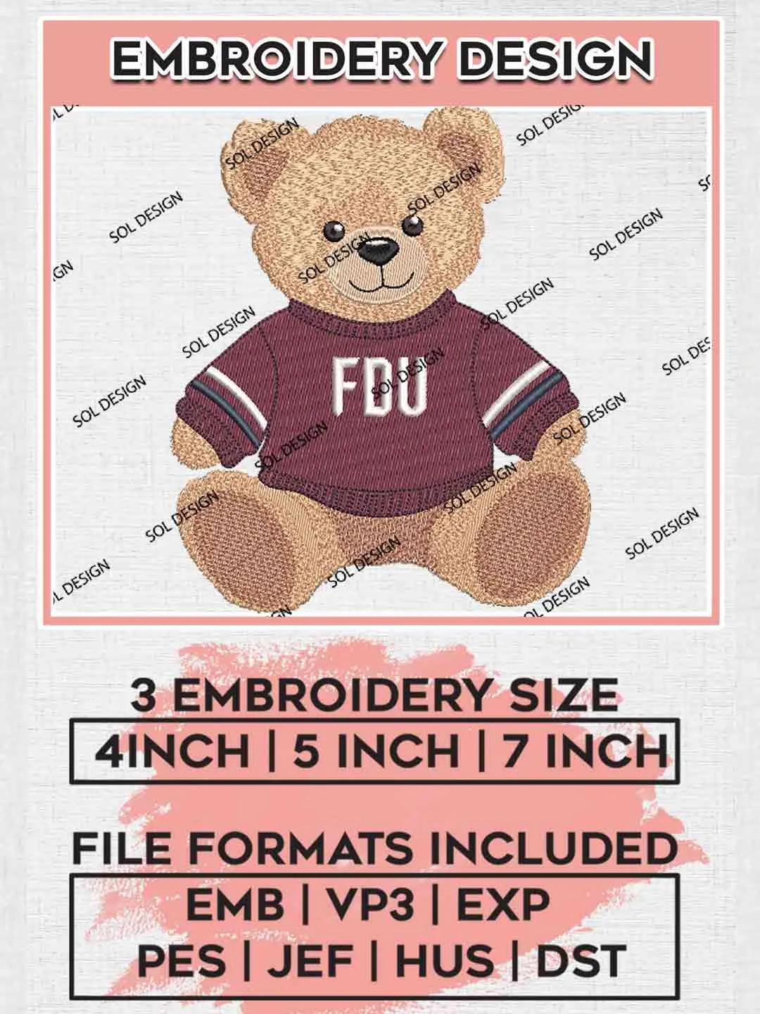 Fairleigh Dickinson Teddy Bear Embroidery Designs, Football Logo Embroidery files, Sport Machine embroidery designs, Instant Download