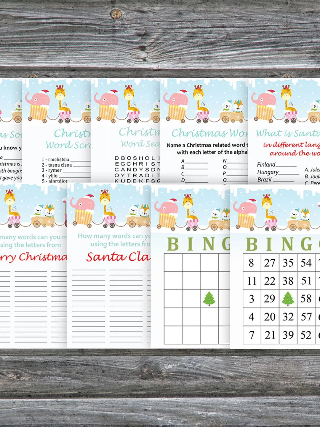Christmas party games bundle,Printable Christmas Party Game Pack,Christmas train animals Christmas Trivia Game Cards