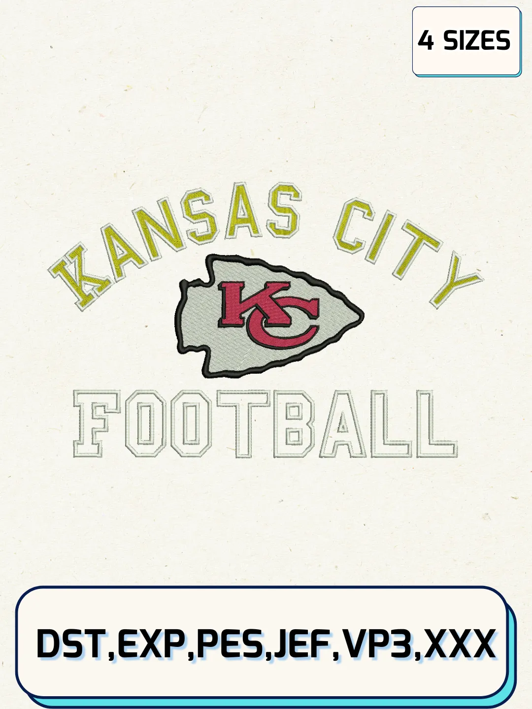Kansas City Chiefs Logos Embroidery Design Files, NFL Logos Embroidery Designs, Machine Embroidery Files, 4 Sizes