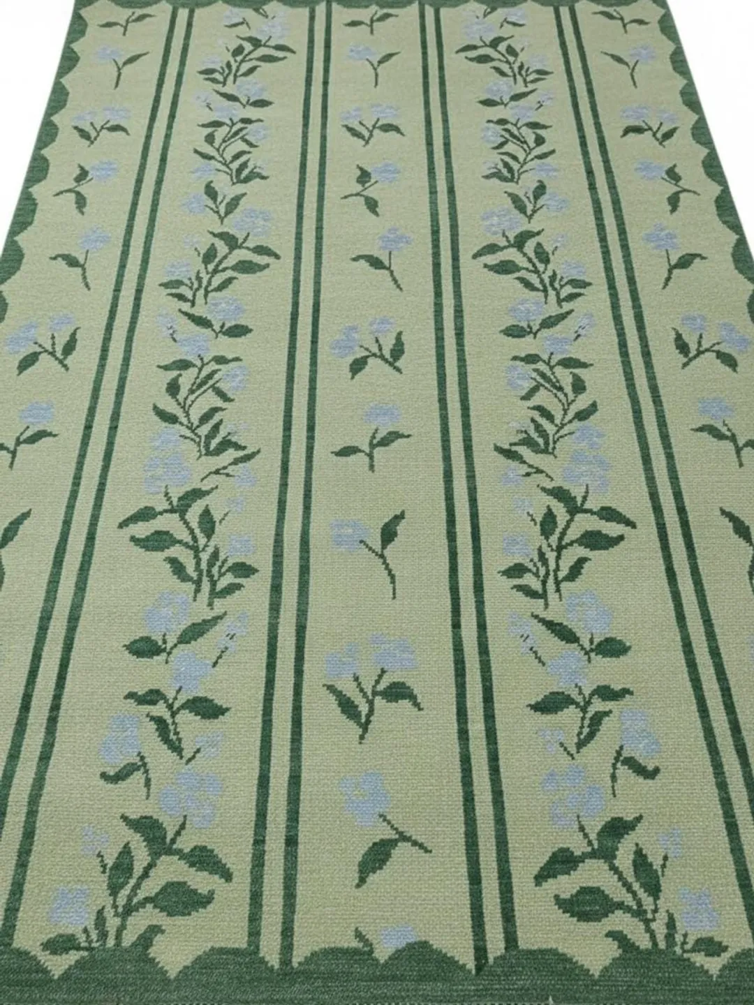 Hand Knotted Floral Green Base with Blue Flower Design Wool Area Rug