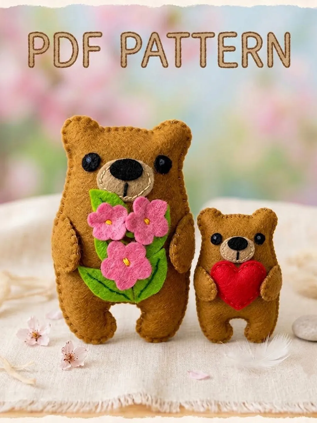 Mama Bear and Baby Bear Felt Sewing Pattern PDF, Teddy Bear Family Tutorial, DIY Felt Toy Set, Digital Download for Beginners