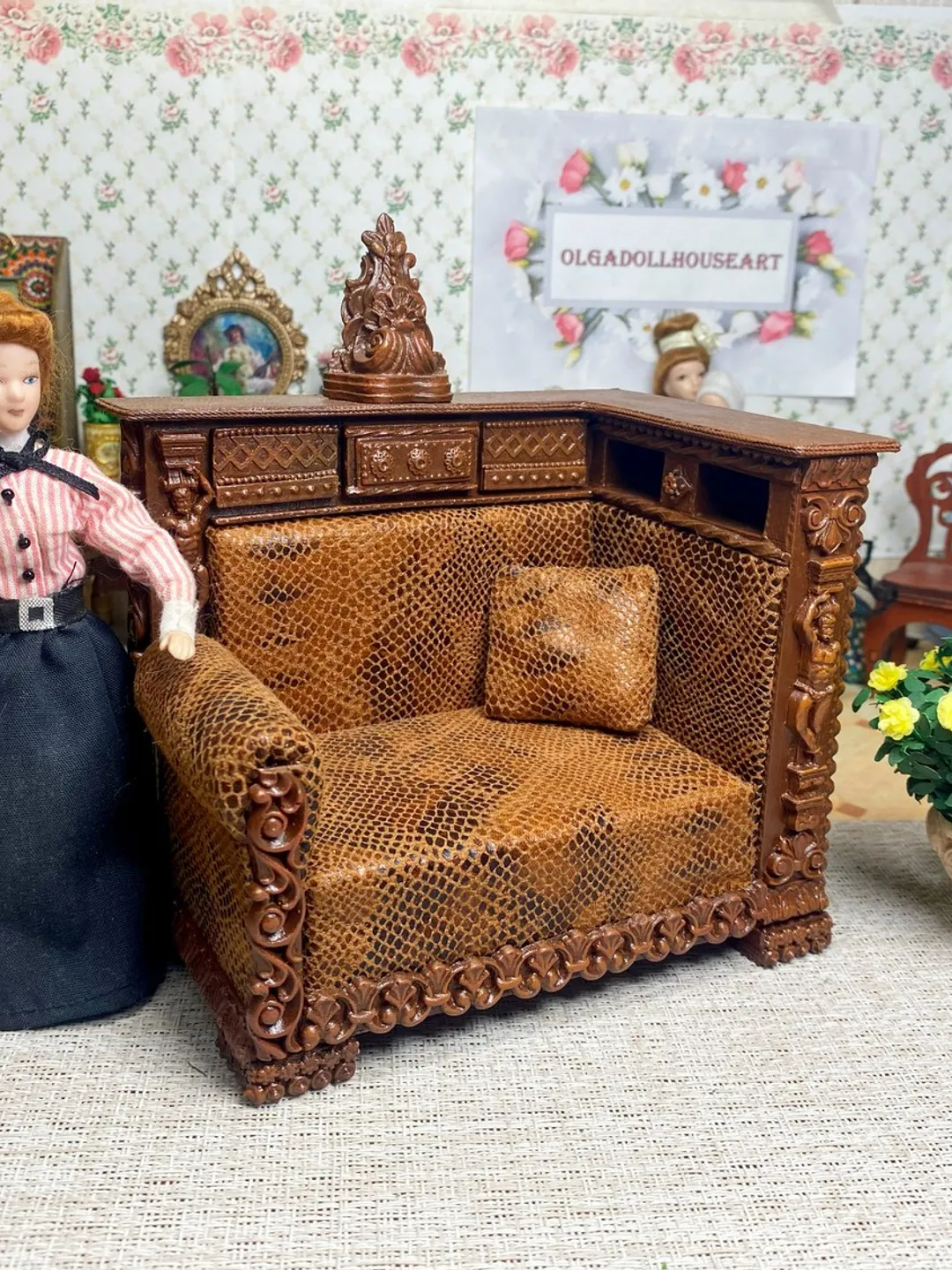 Sofa for filling the interior of a doll house on a scale of 1:12. Vintage handmade sofa. Replica of an antique sofa.