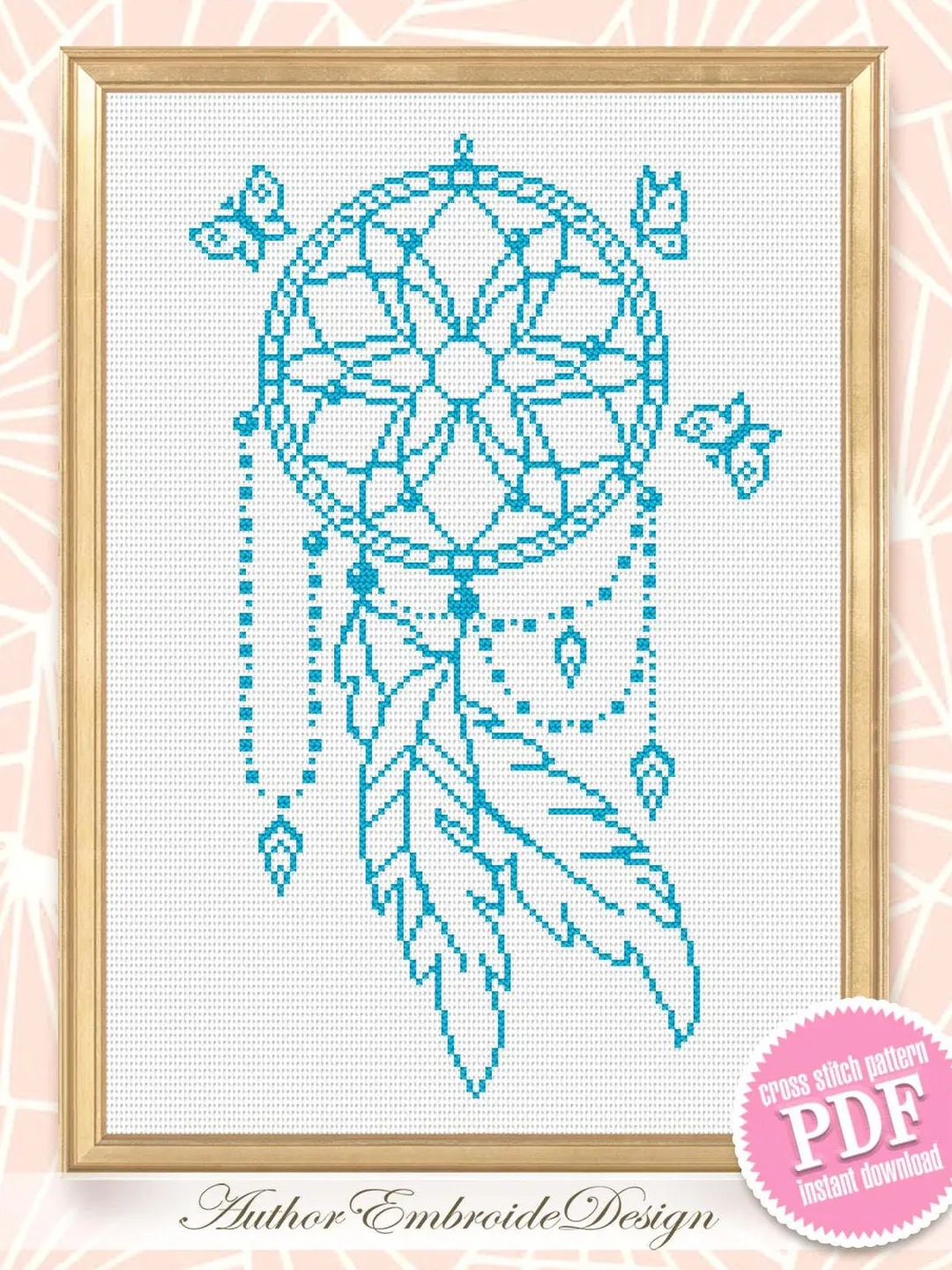 Dream catcher butterfly cross stitch pattern PDF download Mandala cross stitch chart, Dreamcatcher pattern digital PDF for beginner #M277