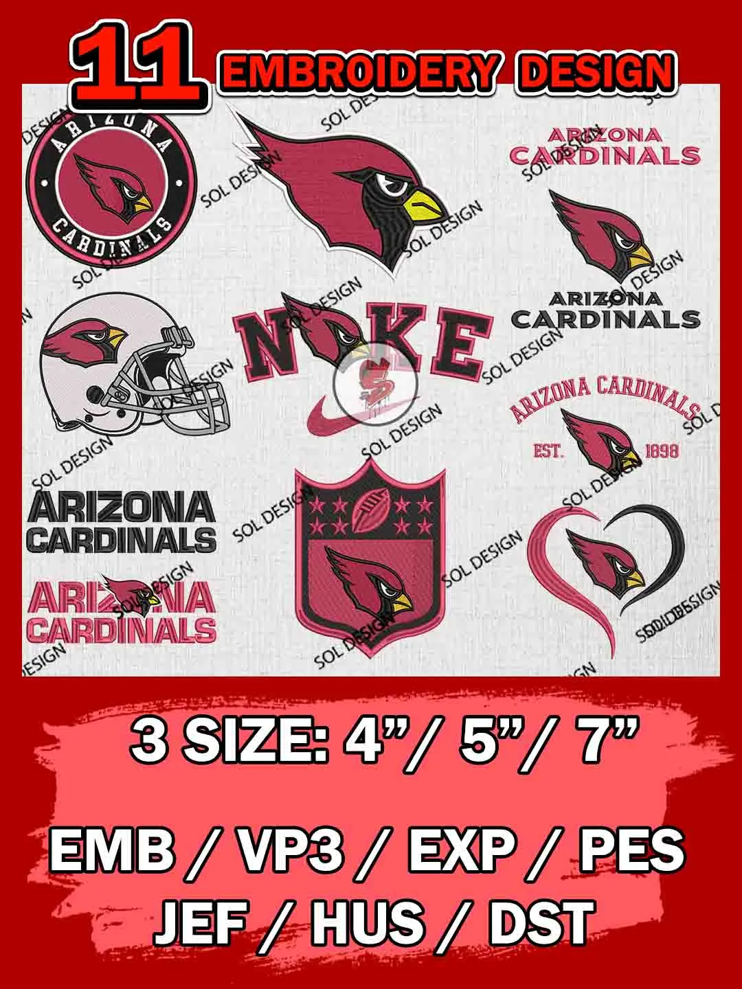 NFL Arizona Cardinals Bundle Embroidery Files, NFL Arizona Cardinals Team Bundle Embroidery Designs, NFL Teams, National Football League 3 sizes, NFL Cardinals Football Machine embroidery designs, Digital Download