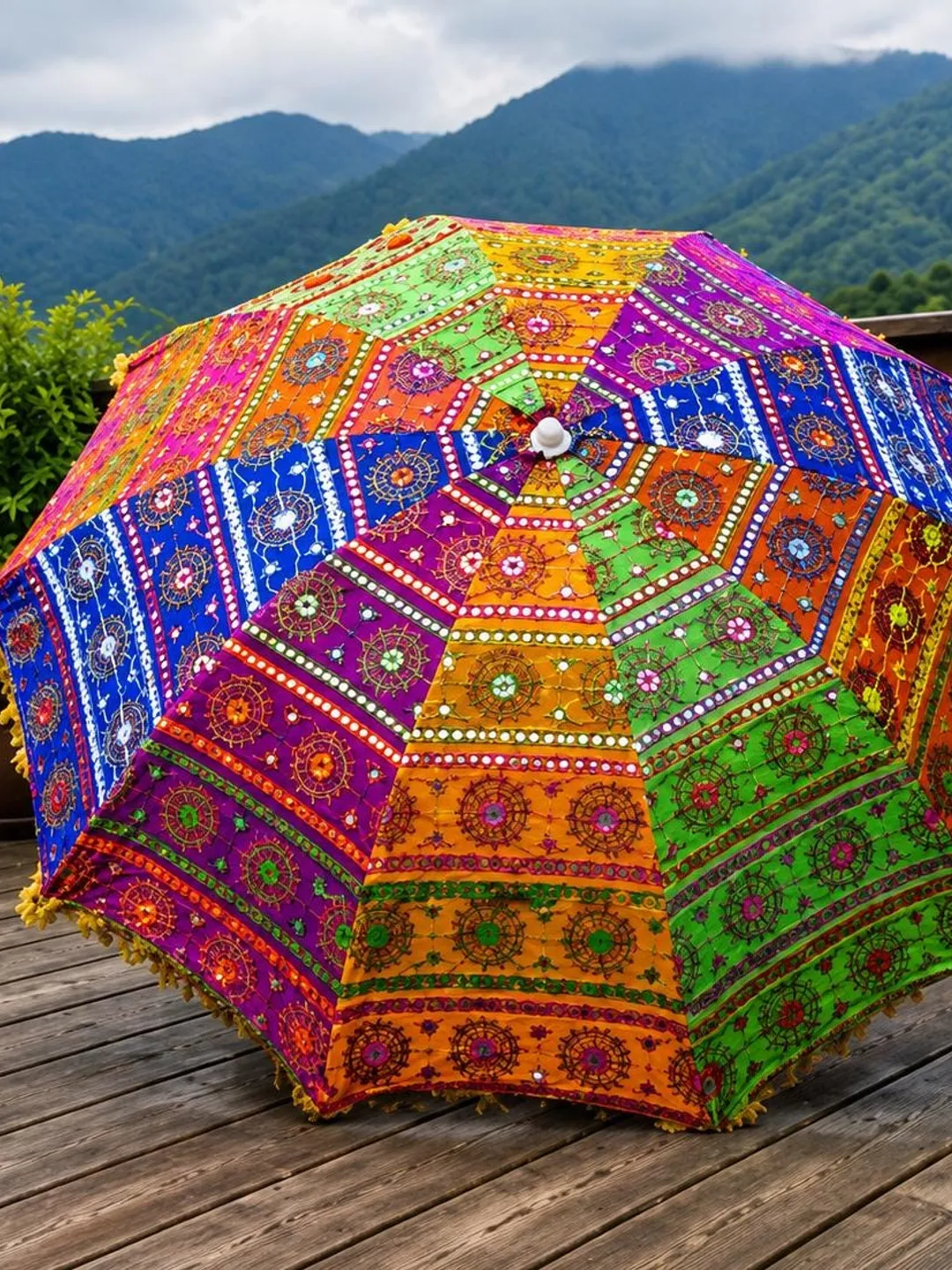 boho patio umbrella Macrame Parasol White, D245 x H245 Centimeters Features a sturdy 2 diameter wood pole with pulley system that supports a gorgeous 7 foot diameter Ainfox 15ft Boho Fringe Thatched
