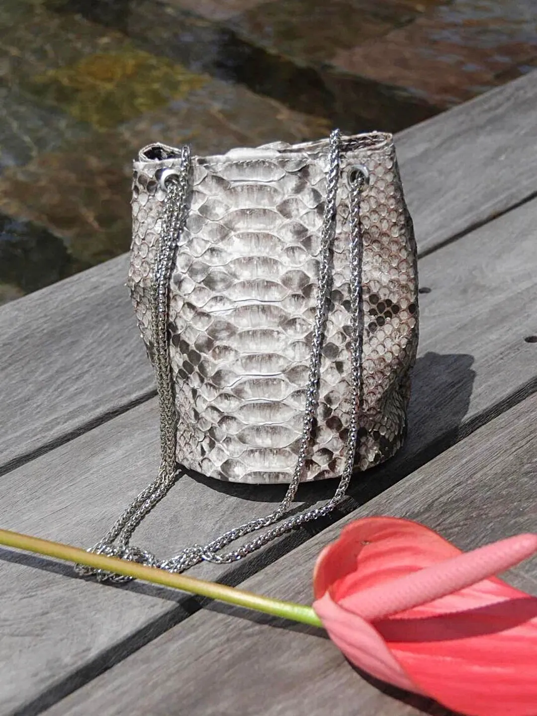 Genuine python skin bucket grey chain bag / designer women purse / summer soft  bag / exotic leather bags free shipping / gift for her