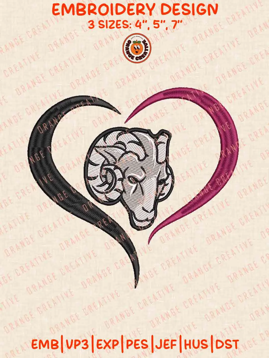Fordham Ram Heart Logo Embroidery Design, College Machine Embroidery Digitized Pes File, Football Designs, 3 Sizes, Custom Size, Instant Download
