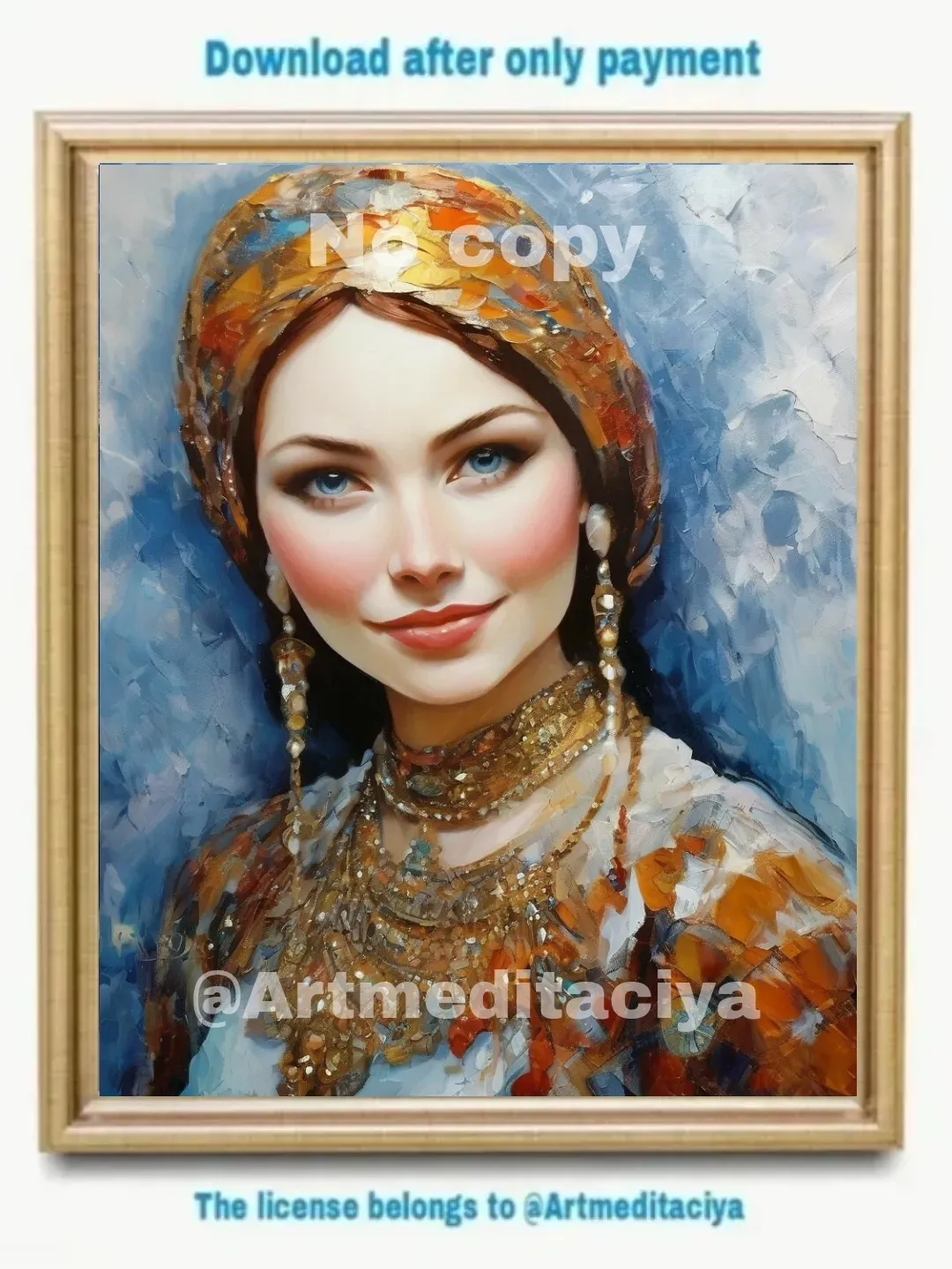 Digital textural abstract modern painting "Mysterious Stranger", a sweet blue-eyed red-haired Slavic woman in a silk golden-blue scarf and dress on an abstract white-blue background, made in the ethnostille of oil painting with a palette knife