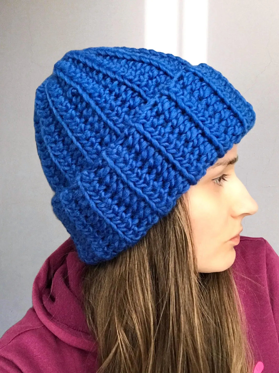 Warm Crochet Chunky Beanie - Plushy Cozy Winter Hat - Thick Folded Brim - Soft 100% Wool Stocking Cap - Unisex Trendy Blue or Custom Color
