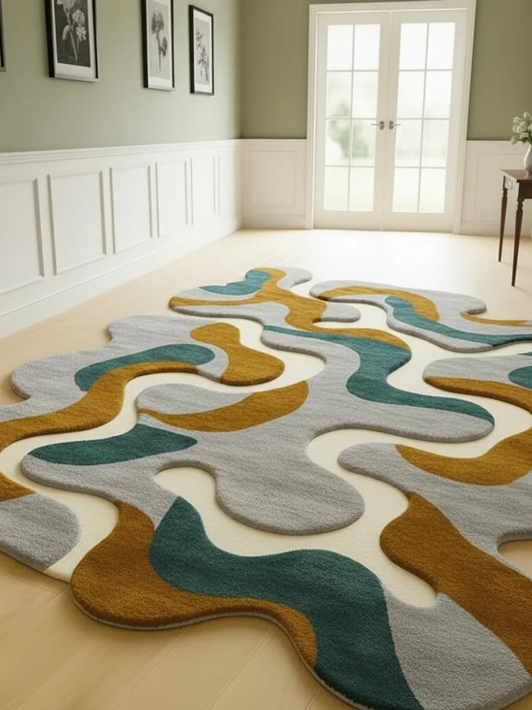 Hand Tufted Wool Rug, Mustard Yellow Teal Abstract Wavy Carpet, Modern ...
