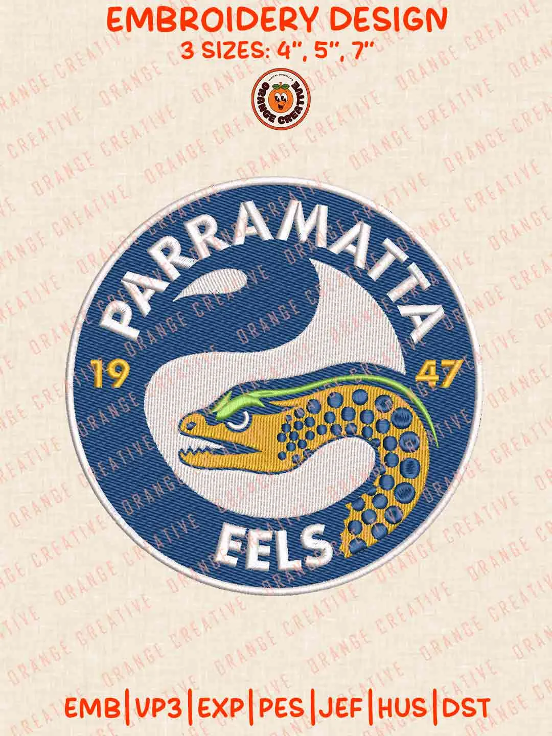 NRL Parramatta Eels 1947 Logos Embroidery Design, NRL Rugby Team Machine Embroidery Digitized Pes File, 4 Sizes, Custom Size, Instant Download