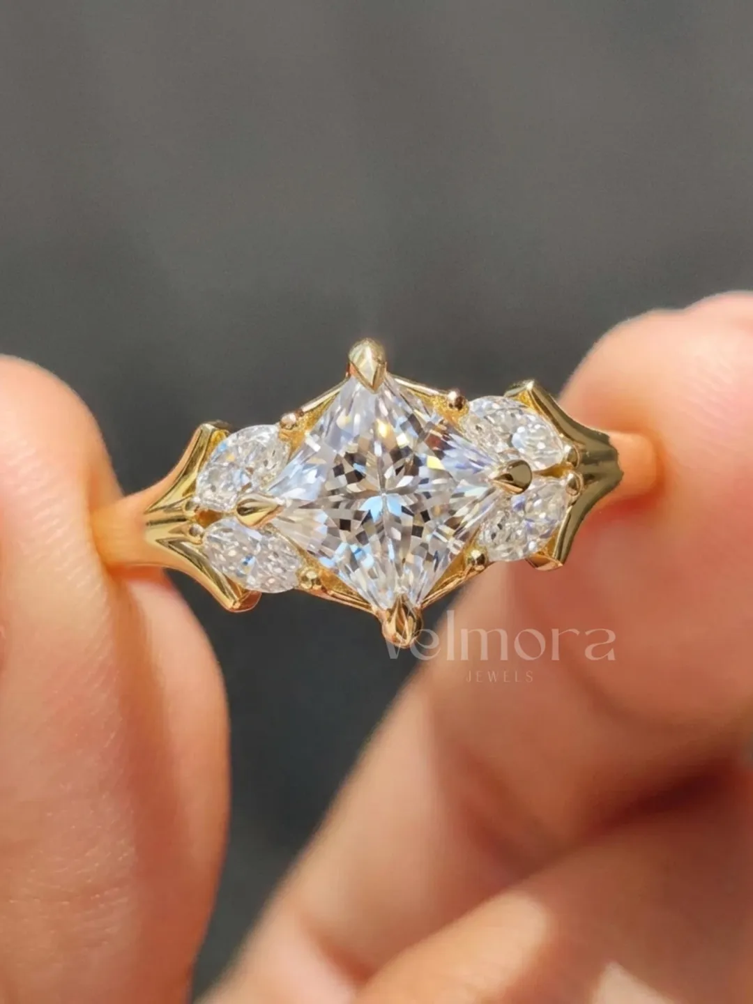 Princess Cut Diamond Ring, Vintage Inspired Gold, Marquise Side Stones