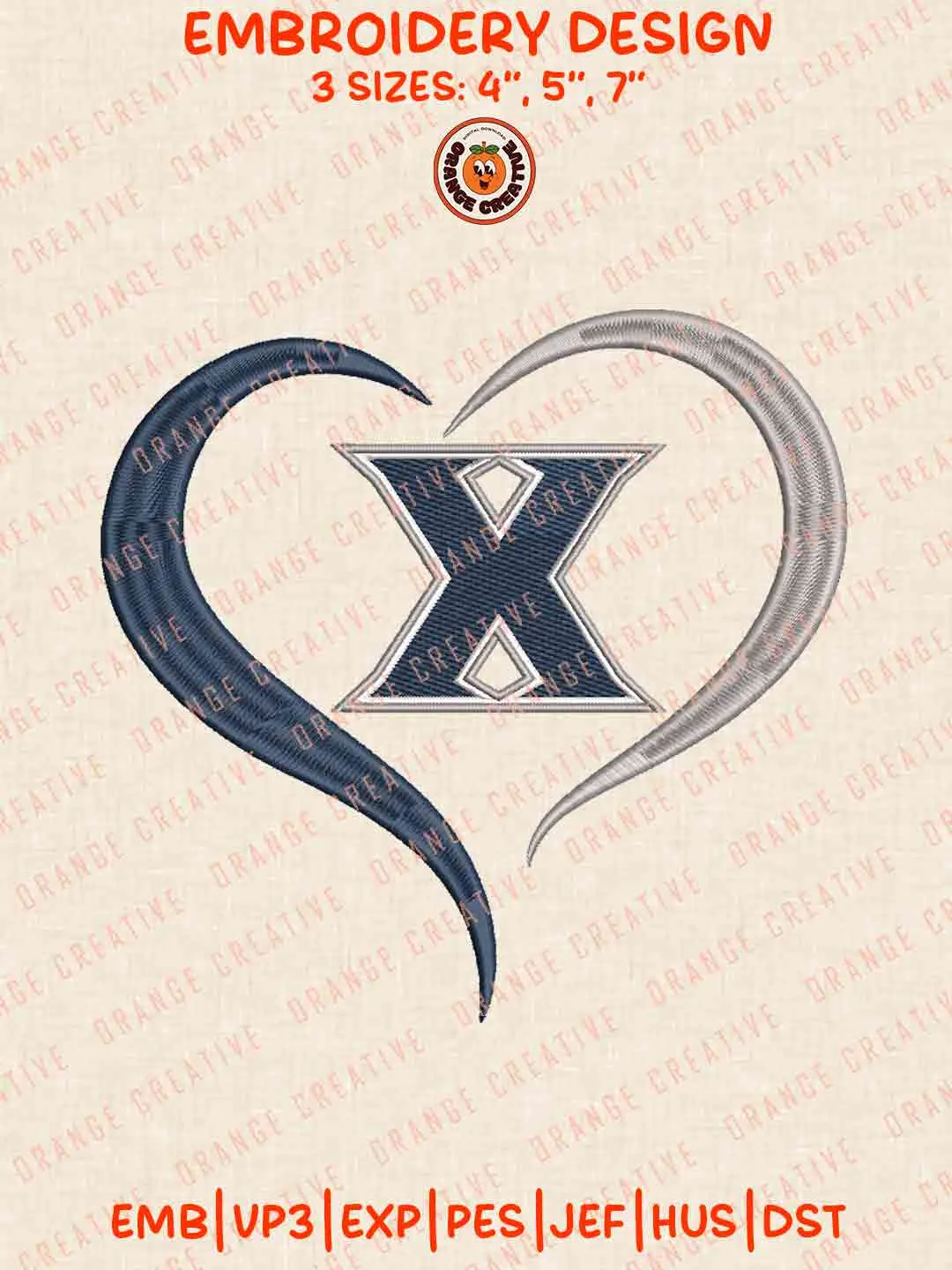 Xavier Musketeer Heart Embroidery Design Files, Football Logos Embroidery Designs, Sport Machine Embroidery Files, 3 Sizes, Custom Sizes, Instant Download