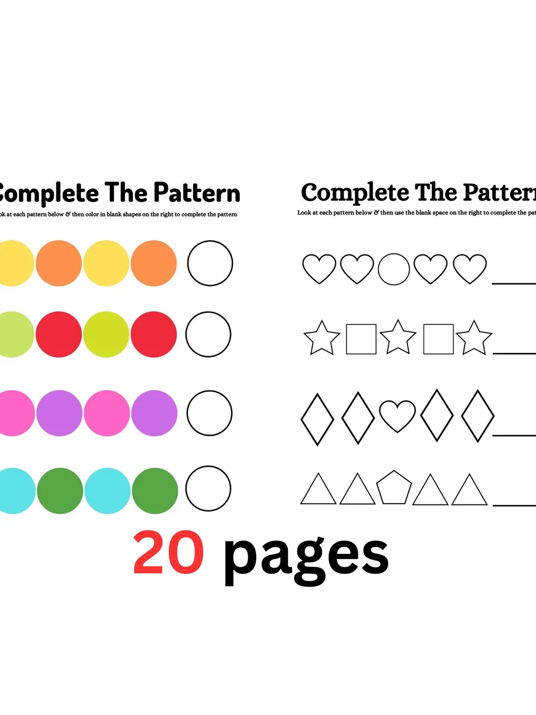Preschool Pattern Worksheet Bundle: 20-Page Printable Activity (PDF)