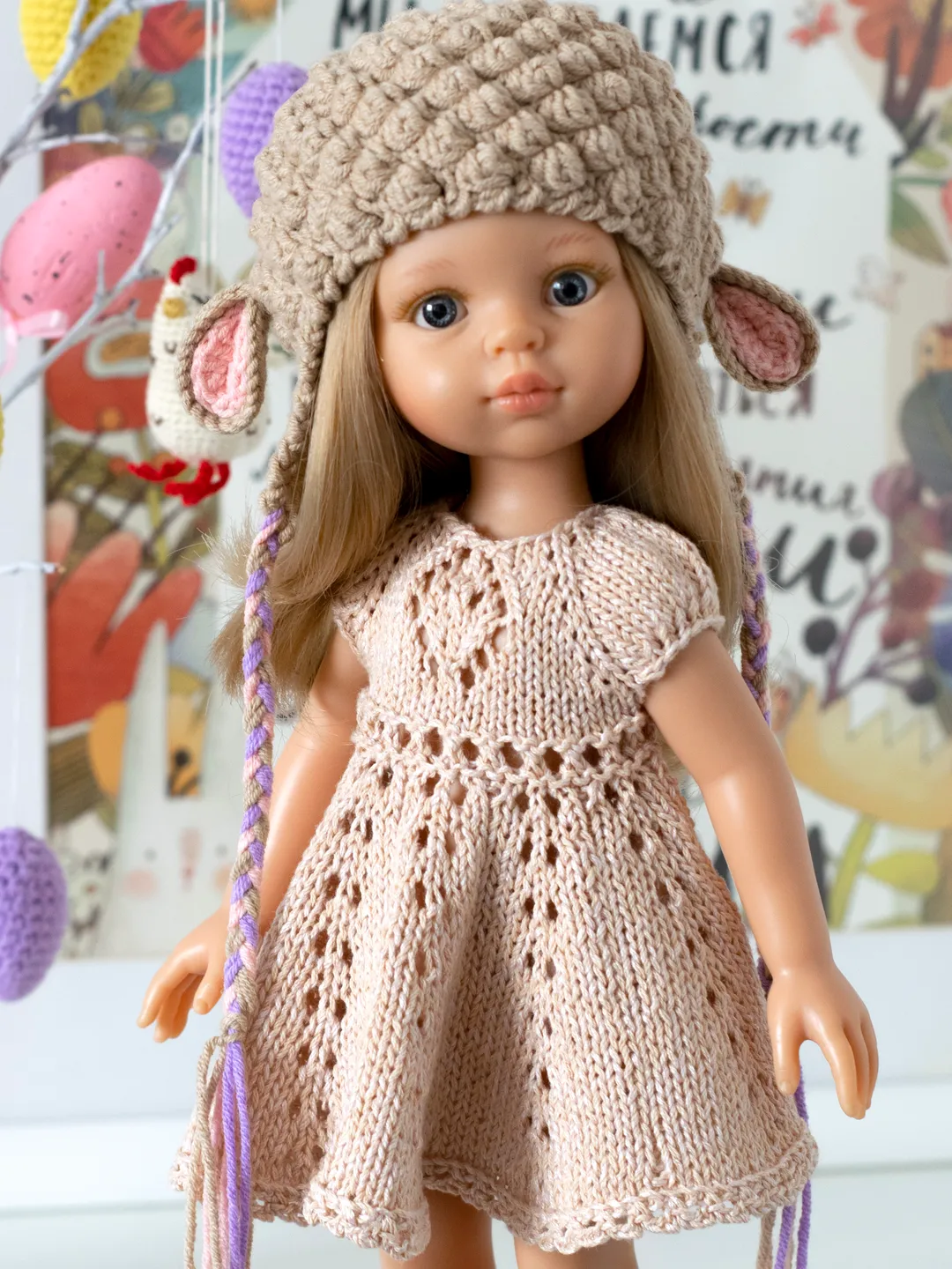 Crochet lamb hat for 13 inch dolls: Paola Reina, Meadow dolls Dumplings, Siblies Ruby Red, Little Darling for Easter