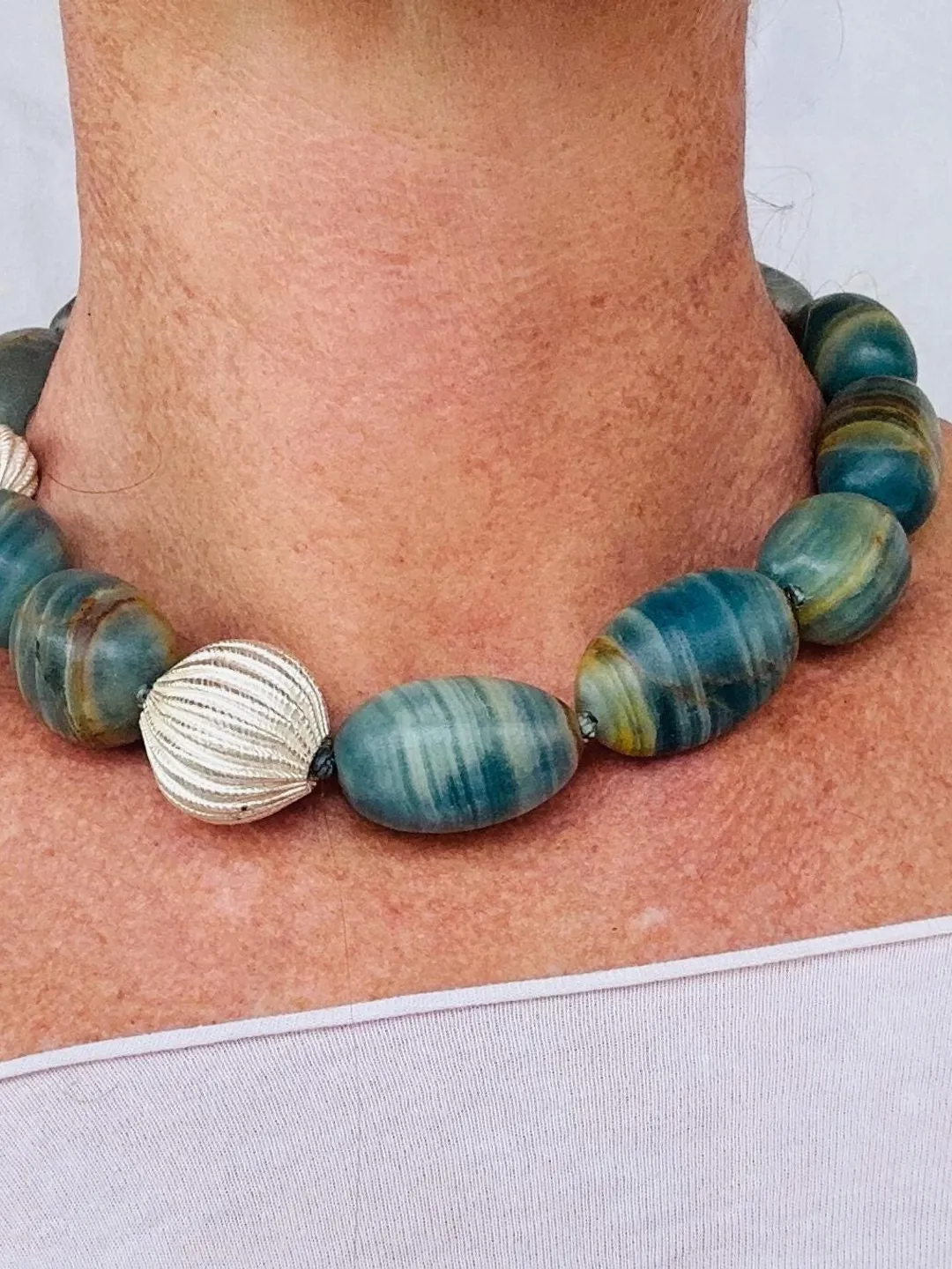 Blue Onyx and Sterling Beaded Necklace. Handcrafted Designer Statement Jewelry. 2841