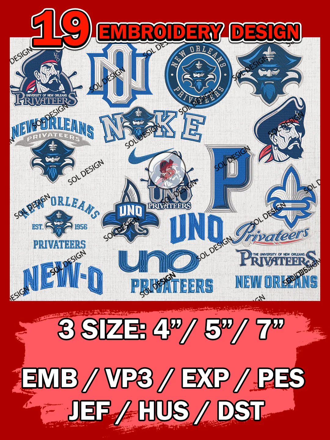 19 NCAA New Orleans Privateers Bundle Embroidery Files, NCAA New Orleans Privateers Team Bundle Embroidery Designs, NCAA Teams, National College Football Team 3 sizes, NCAA New Orleans Machine Embroidery, Digital Download
