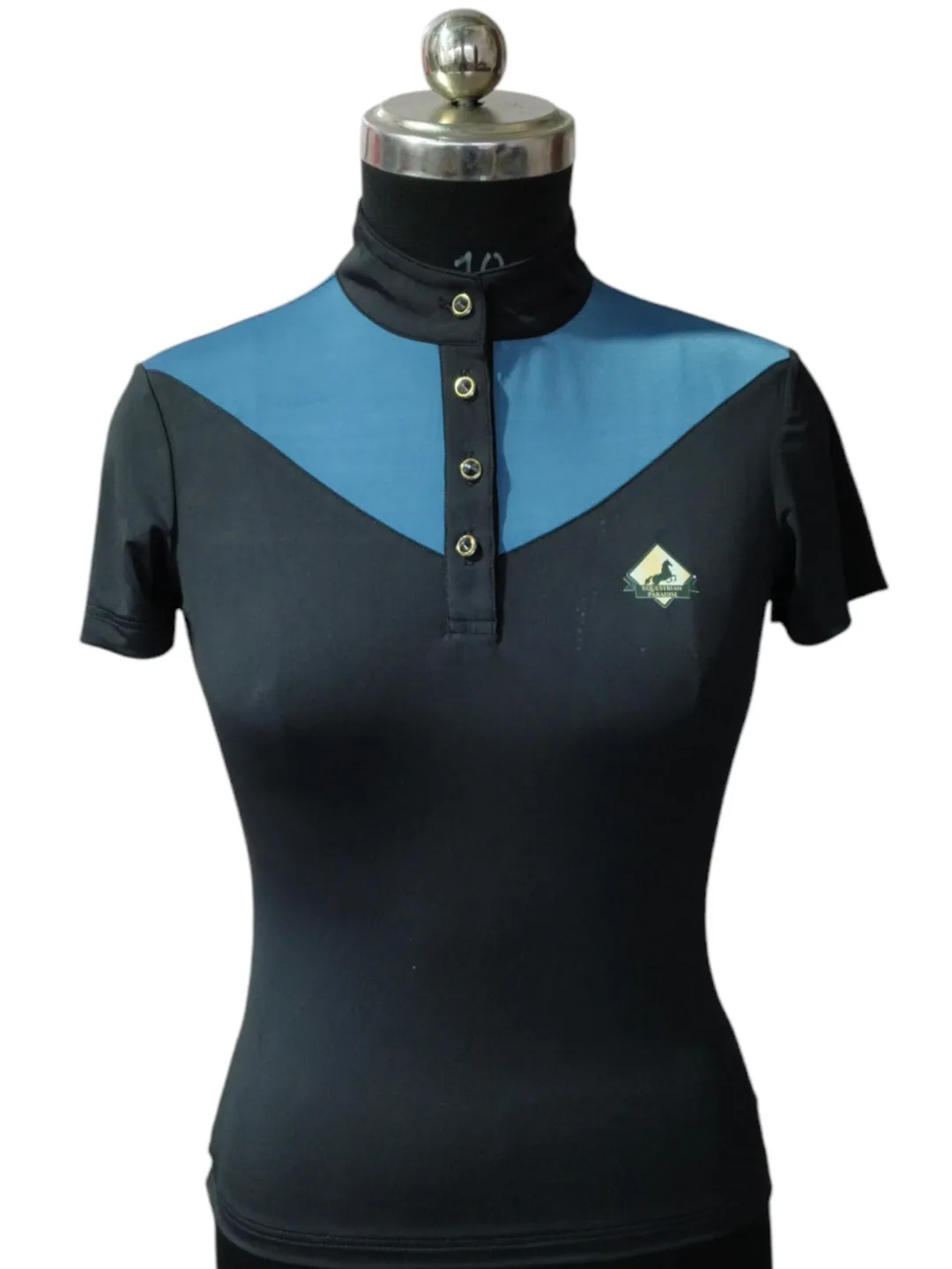 Women's Stretchable Horse Riding T-Shirt: Blue & Black Equestrian Show Shirt