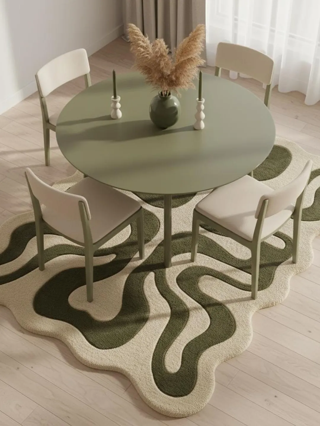 Irregular Shaped Squiggly Abstract Sage Green Hand Tufted Modern Rug