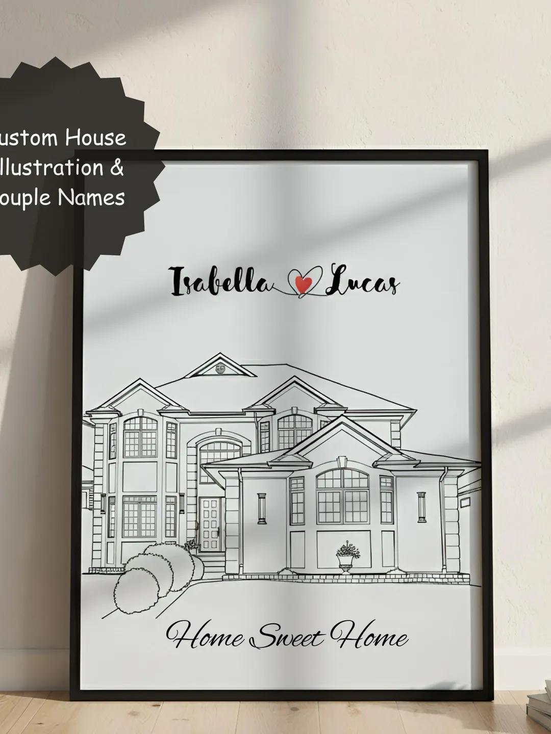 Personalized house line art with Names, Custom Line Drawing, Sketch of a House, Outline House Art, Minimal House Print, Home Digital Sketch.