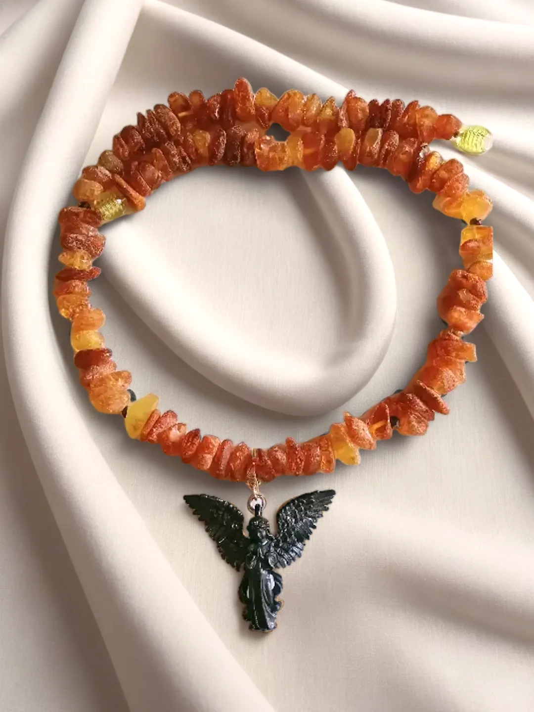 Raw Baltic Amber Necklace with black Angel Pendant Protection Jewelry Spiritual necklace Beaded Healing Stone necklace