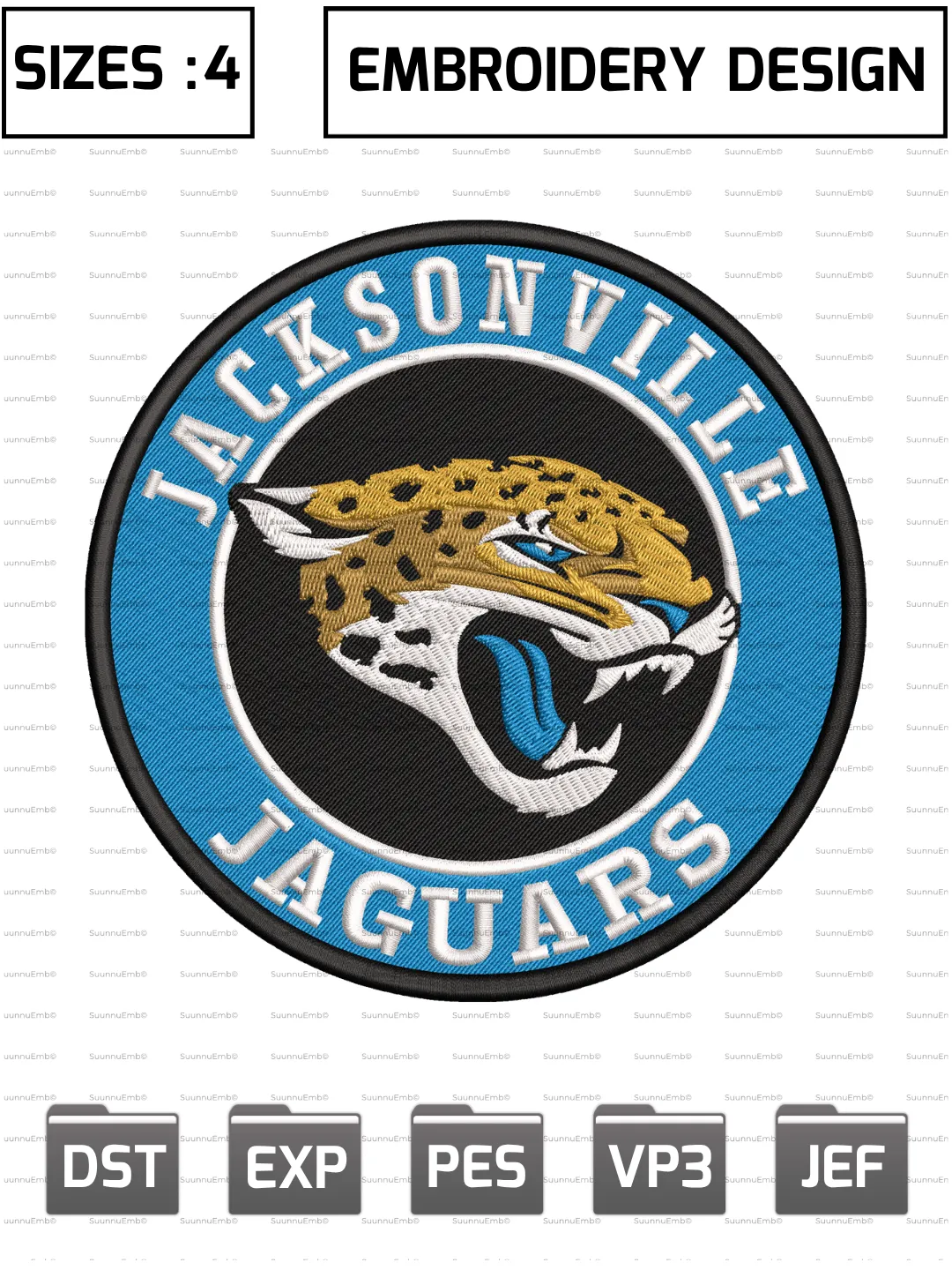 Jacksonville Jaguars Circle Logo Embroidery Design,NFL Logos Embroidery Design,NFL Teams, Machine Embroidery Design File,4 Sizes, Digital Download