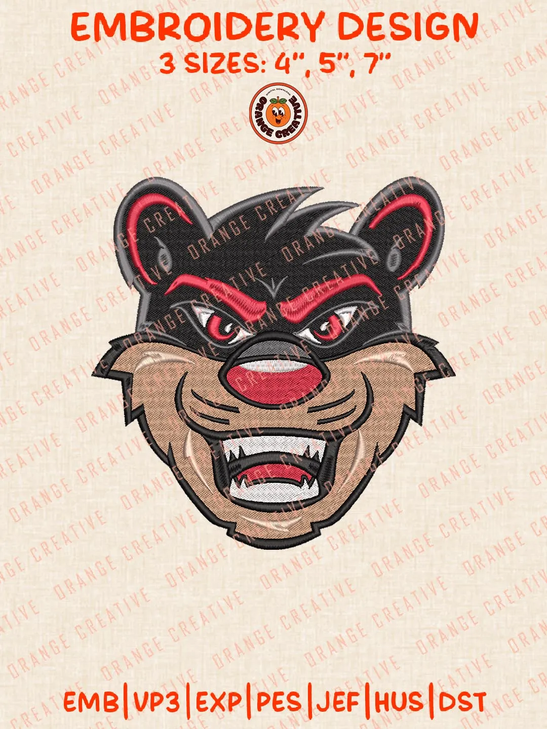 NCAA Cincinnati Bearcats Head Mascot Embroidery Design, NCAA Team Embroidery Design, Machine Embroidery Design File, 4 Sizes, Custom Size, Digital Download