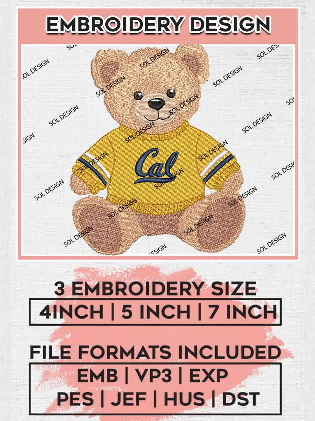 California Golden Bears Teddy Bear Logo Embroidery Designs, NCAA Logo Embroidery files, NCAA California Golden Bears Team, College Football Team Machine embroidery designs, Digital Download