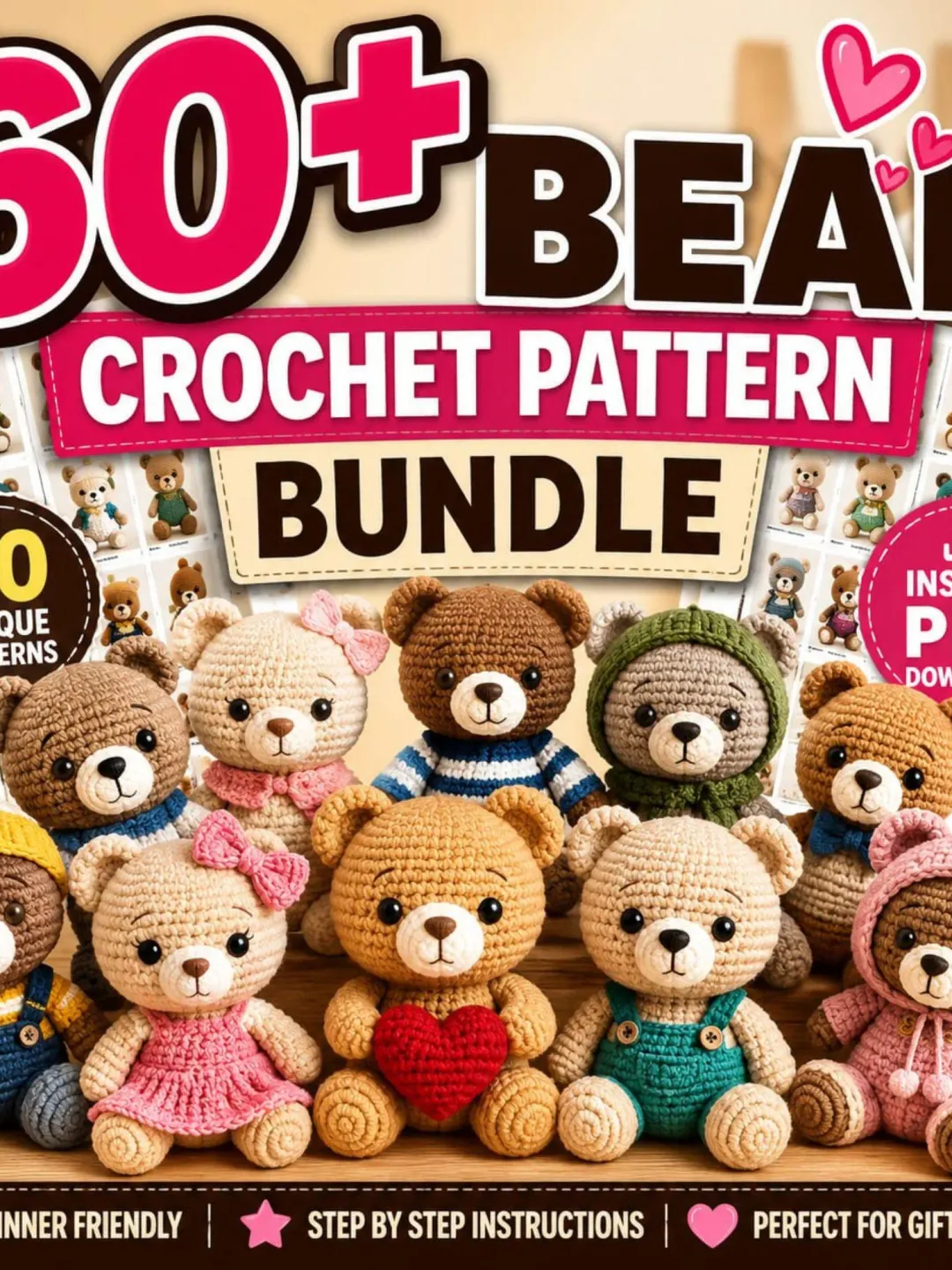 60 Bear Crochet Patterns Bundle PDF, Amigurumi Teddy Bear Pattern Collection, Crochet Toy Tutorial, Instant Download DIY Gift