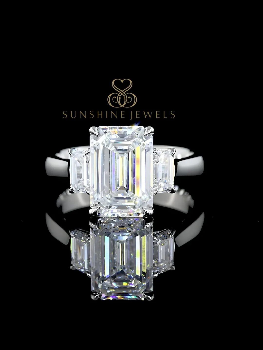 Emerald Cut 3.64 Ct Lab Grown Diamond Three Stone 14k Gold Engagement Ring