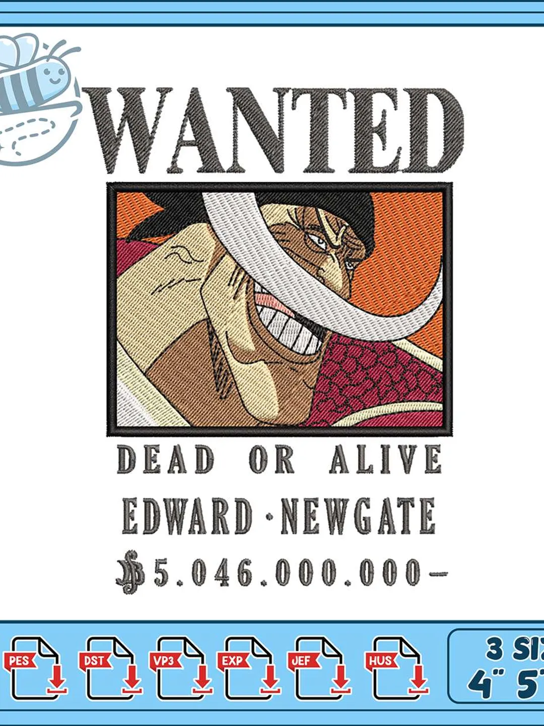 Gold Roger Wanted Poster Embroidery Design, One Piece Anime