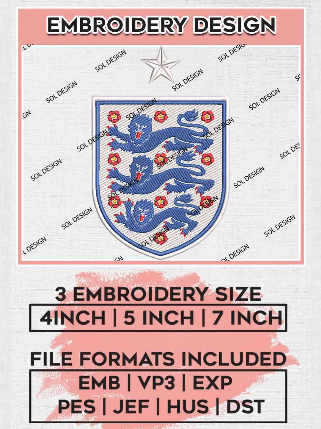 The Three Lions Team Logo Embroidery Designs, UEFA Logo Embroidery files, England National Football Team, Machine embroidery designs, Digital Download