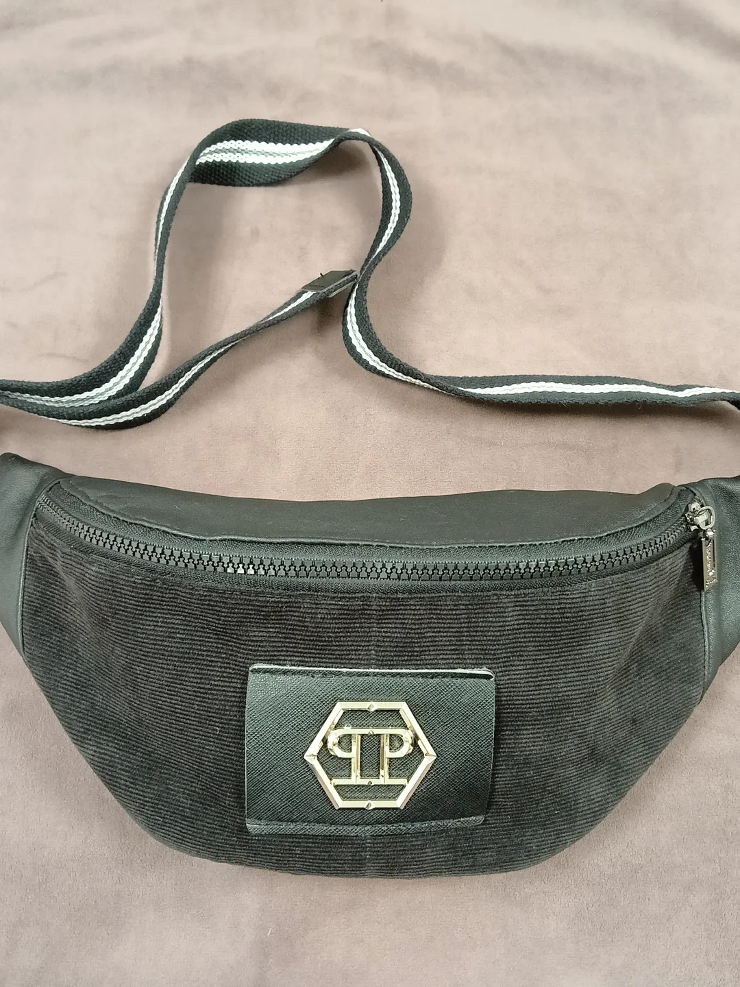 Handmade sling bag made of corduroy and genuine leather, belt bag for small items  ,.