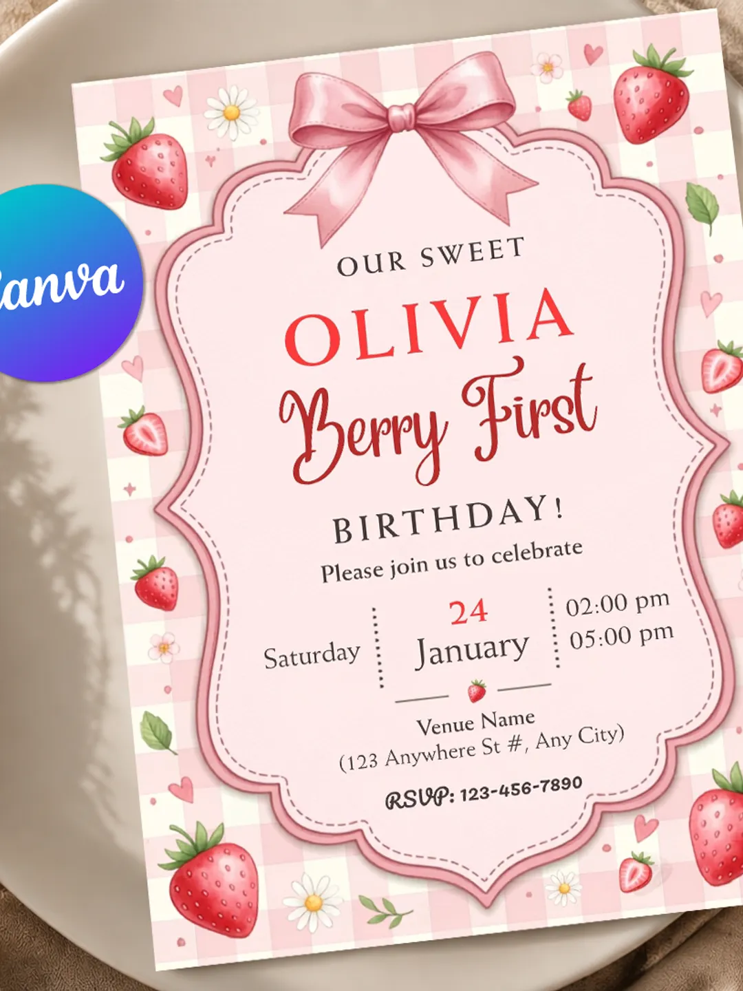 Berry First Birthday Invitation Template with Photo, Editable Strawberry 1st Birthday Invite Printable, Berry Sweet Party Download
