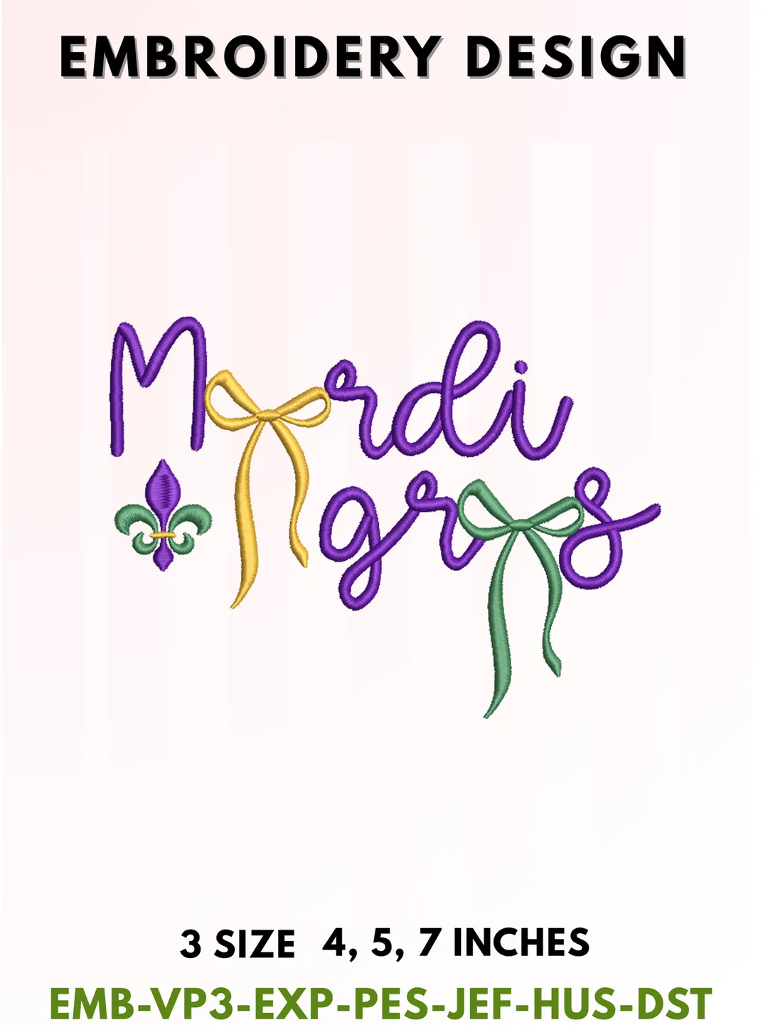 Mardi Gras Coquette Bow Embroidery Design, New Orleans Pattern with Fleur De Lis, Cute Louisiana Carnival Gift, 3 Sizes